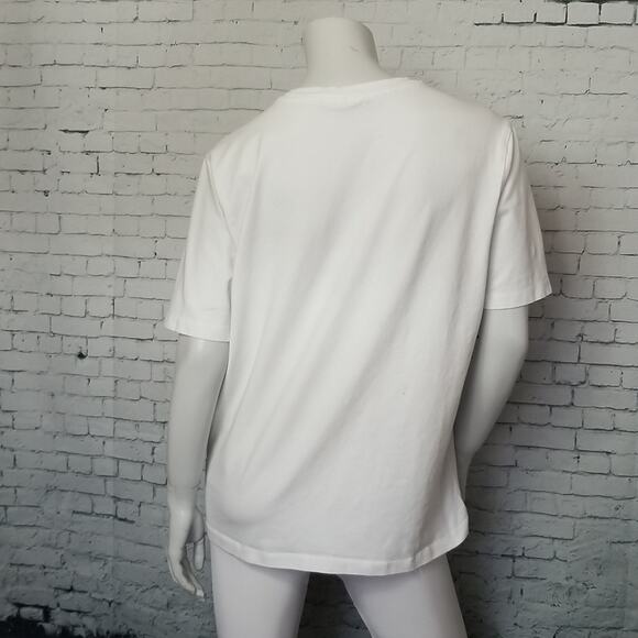 Fila Womens SZ XL Tee T Shirt White Outline Spellout TINY FLAW Stretch Boxy Fit - Picture 5 of 11